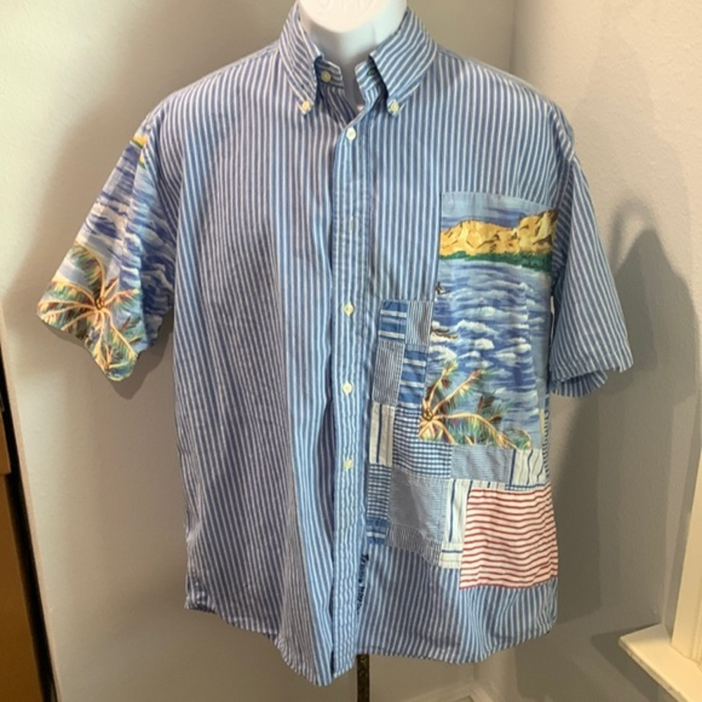 Tommy Hilfiger Vintage Mens L Cotton Quilted Pattern Hawaiian Shirt‎